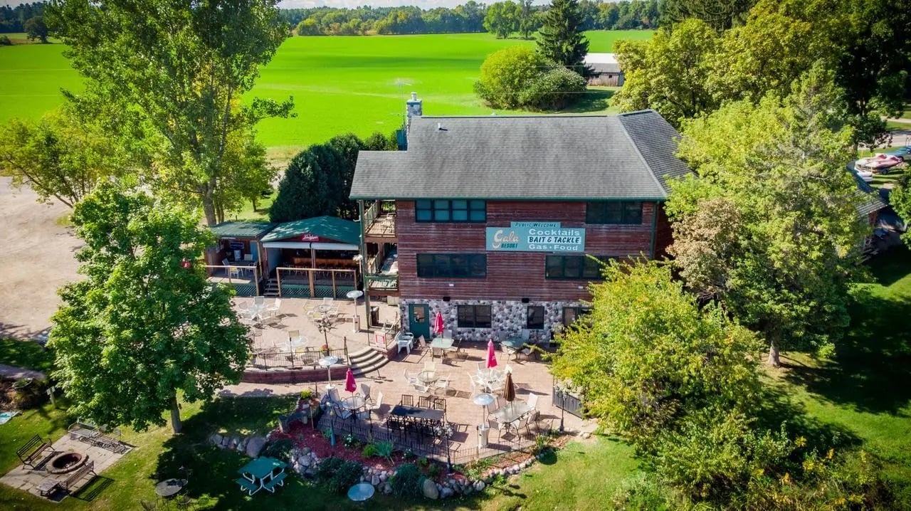 Closeup aerial view of the Gala Resort bar patio