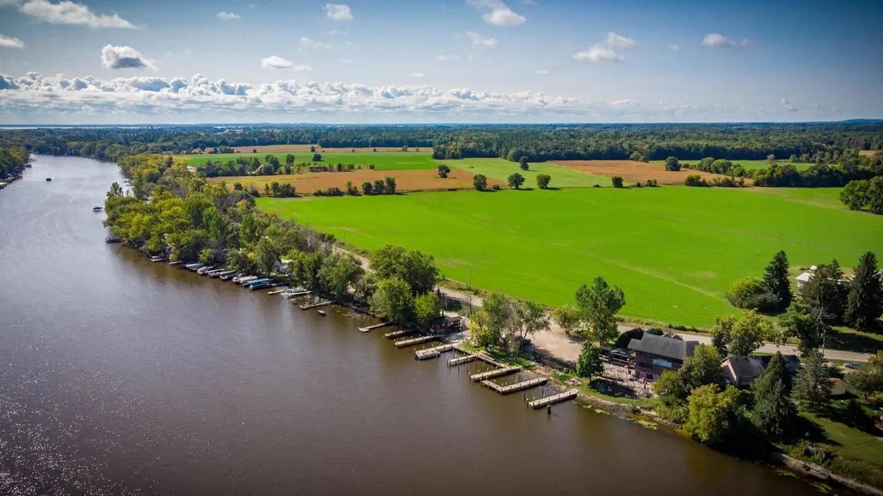 Aerial view of the Wolf River and Gala Resort waterfront in Fremont, Wisconsin